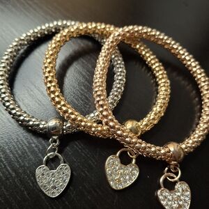 3 Sparkling Heart Charm Bracelet - Gold, Rose Gold & Silver